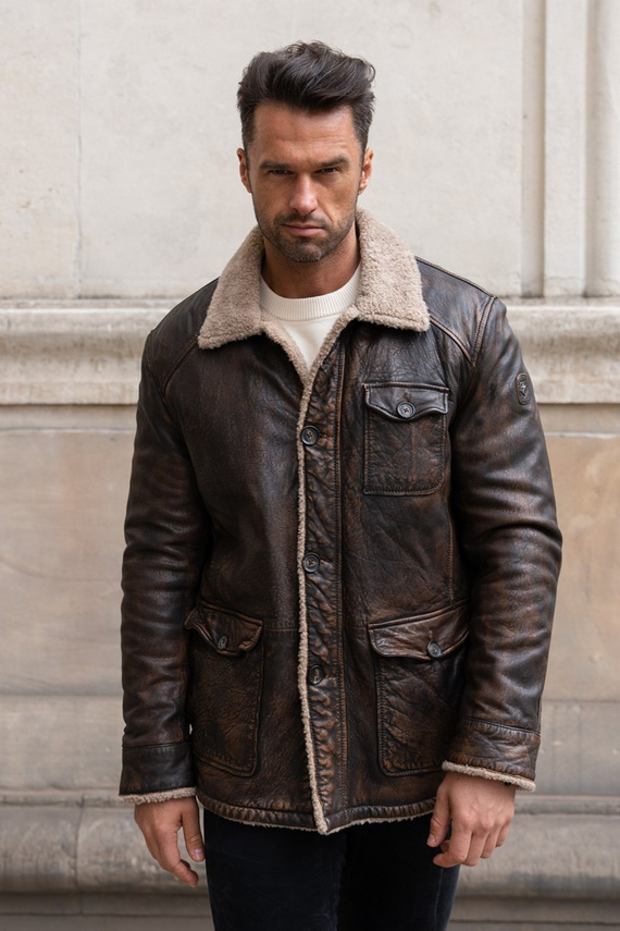 Brązowa kurtka męska ocieplana kożuchem