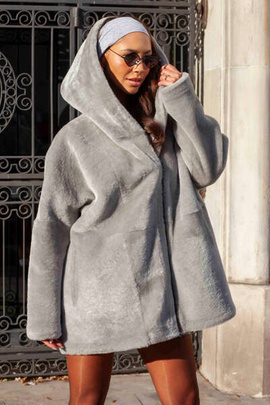 Szary dwustronny kożuch z kapturem Pola ze skór merino