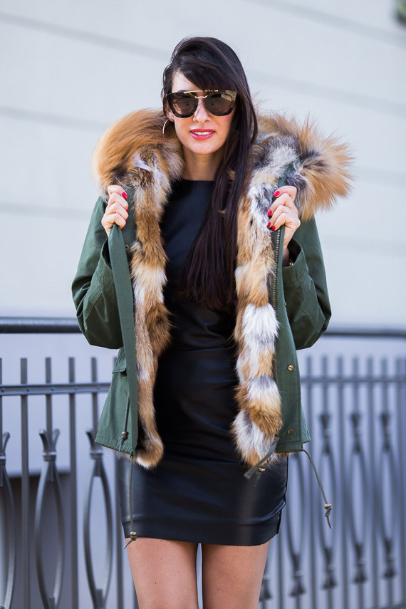  Parka damska z naturalnego futra lisa w  kolorze khaki