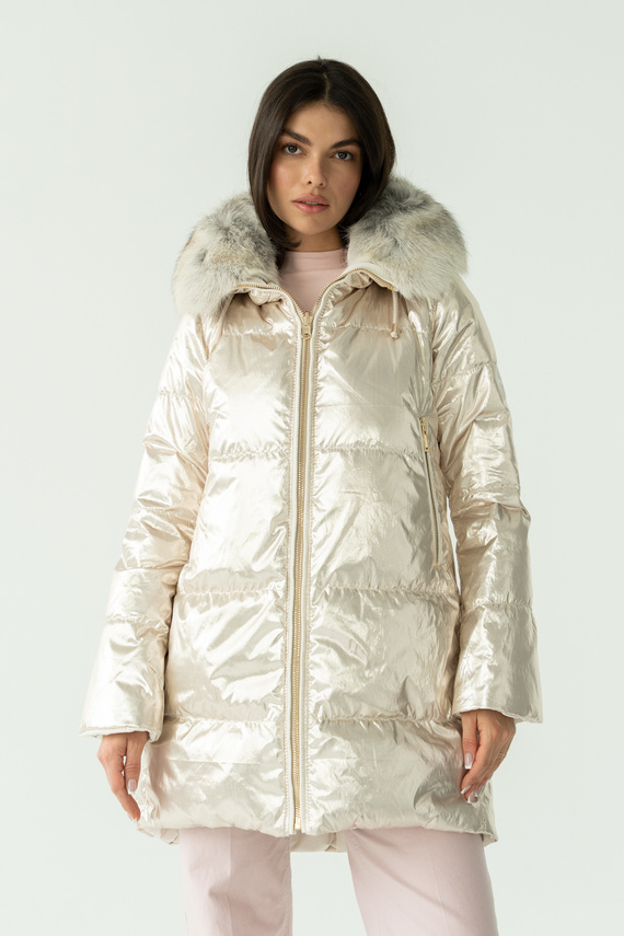 Ekskluzywna włoska kurtka puchowa marki Flo&Clo z kapturem i futrzanym wykończeniem