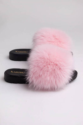 Różowe lapki skórzane z naturalnym futrem z lisa