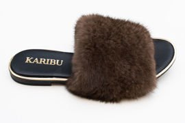 Eleganckie klapki damskie skórzane z naturalnym futrem norki.