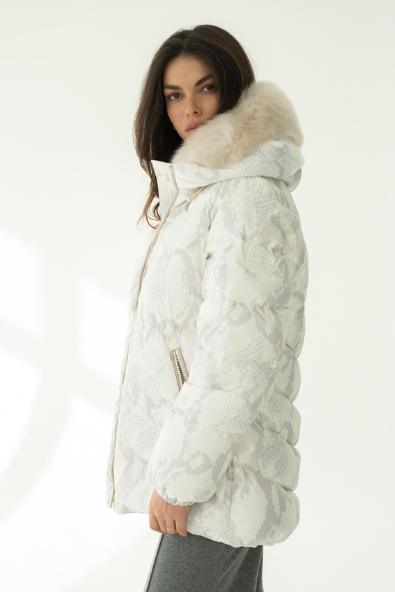 Biało szara włoska kurtka puchowa marki Flo&Clo z kapturem i futrzanym wykończeniem