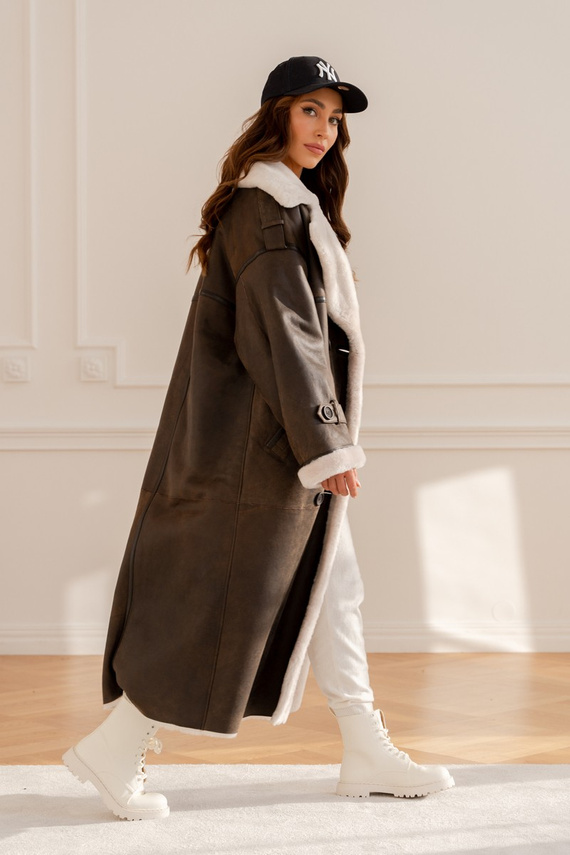 Brązowy oversizowy kożuch merino w stylu vintage