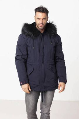 Granatowa męska parka ocieplana naturalnym futrem norki