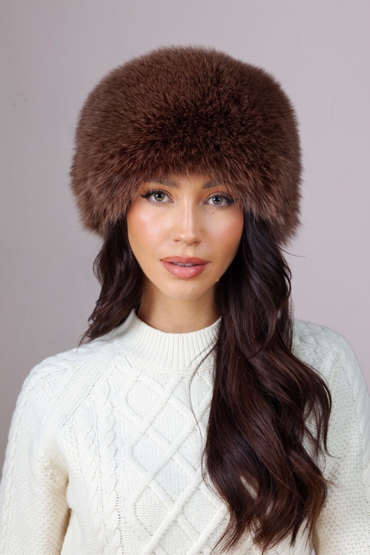 Brązowy toczek damski z naturalnego futra lisa