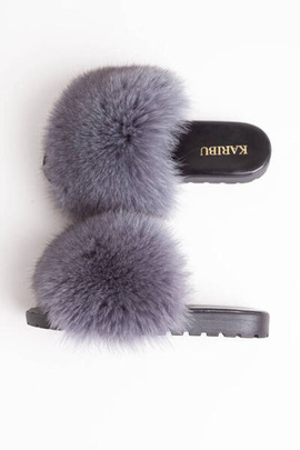 Szare (grafitowe) klapki skórzane z naturalnym futrem z lisa