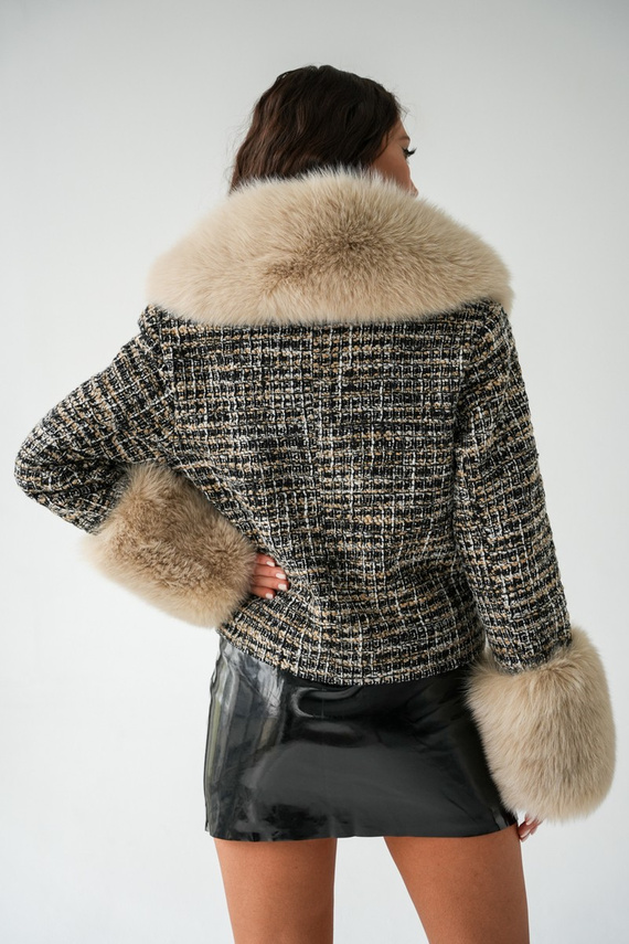 Wełniany żakiet z futrzanym obszyciem w odcieniach czerni i beżu