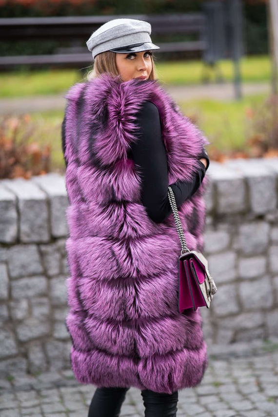 Różowa futrzana kamizelka z naturalnego futra srebrnego