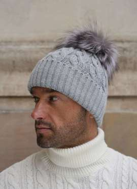 Męska czapka wełniana z pomponem z naturalnego futra lisa srebrnego w kolorze szarości
