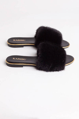 Eleganckie klapki damskie skórzane z naturalnym futrem norki.