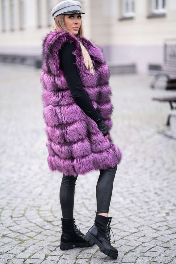 Różowa futrzana kamizelka z naturalnego futra srebrnego
