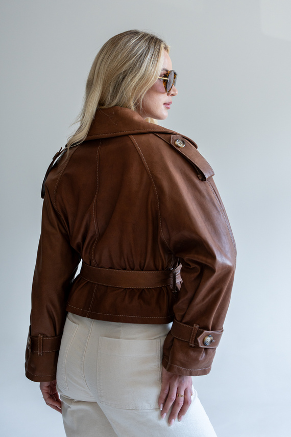 Brązowy krótki trench z naturalnej skóry 