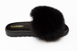 Czarne klapki skórzane z naturalnym futrem z lisa