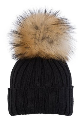 Czarna czapka damska z pomponem z jenota