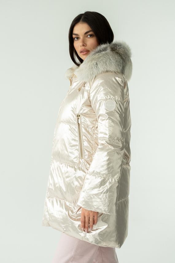 Ekskluzywna włoska kurtka puchowa marki Flo&Clo z kapturem i futrzanym wykończeniem