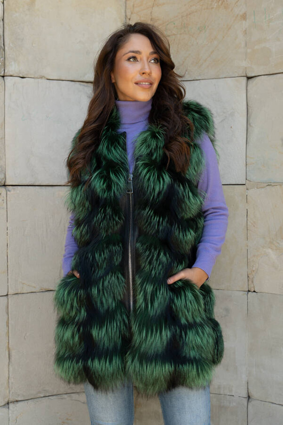 Zielono-czarna futrzana kamizelka z naturalnego lisa fińskiego