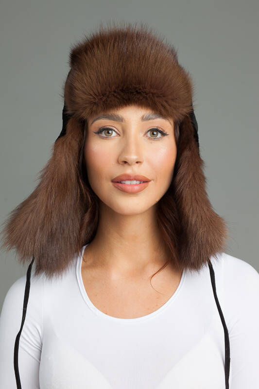 Brązowo- czarna futrzana uszanka z futra kuny i norki