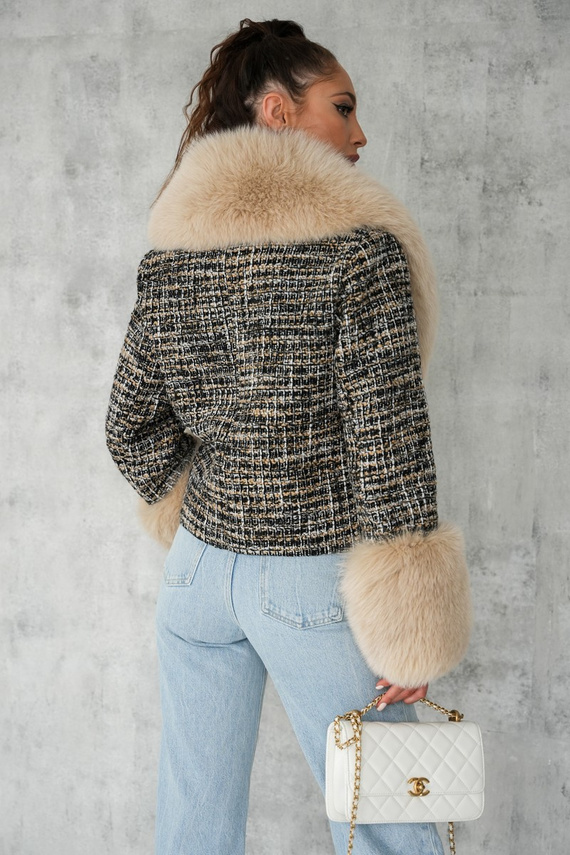 Wełniany żakiet z futrzanym obszyciem w odcieniach czerni i beżu