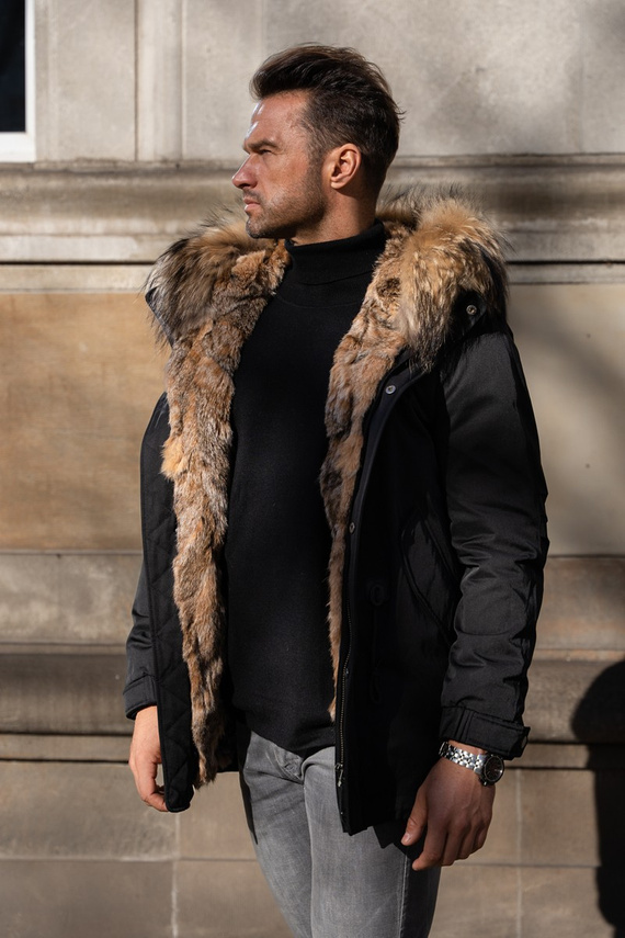 Czarna męska parka ocieplana futrem kanadyjskiego rysia