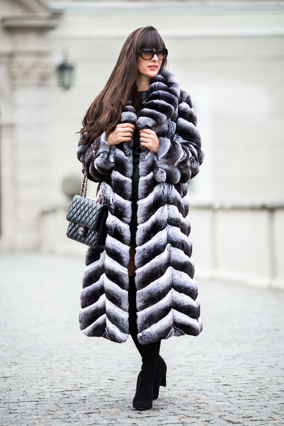 Długie futro z szynszyli naturalnych