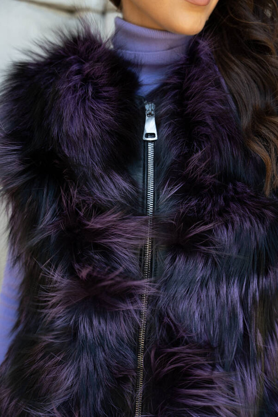 Fioletowo - czarna futrzana kamizelka z naturalnego lisa fińskiego