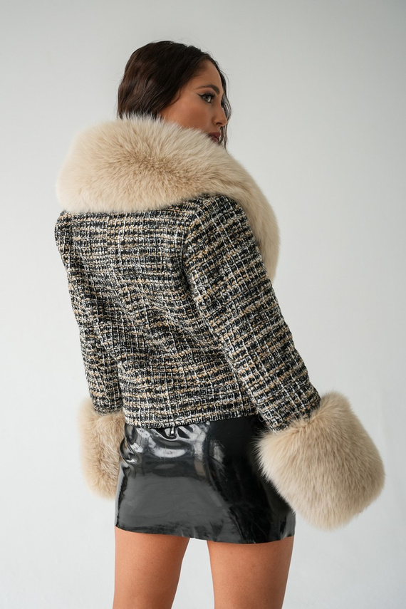 Wełniany żakiet z futrzanym obszyciem w odcieniach czerni i beżu