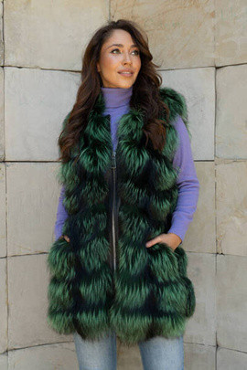 Zielono-czarna futrzana kamizelka z naturalnego lisa fińskiego