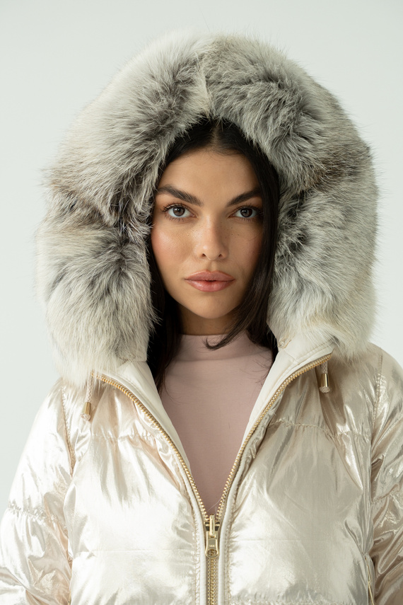 Ekskluzywna włoska kurtka puchowa marki Flo&Clo z kapturem i futrzanym wykończeniem