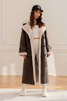 Brązowy oversizowy kożuch merino w stylu vintage