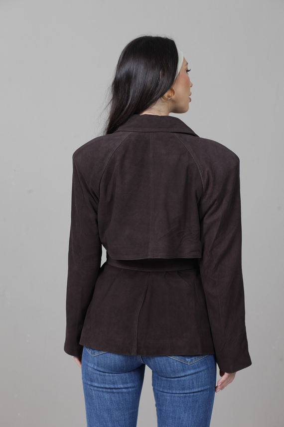 Brązowy krótki płaszcz ze skóry zamszowej