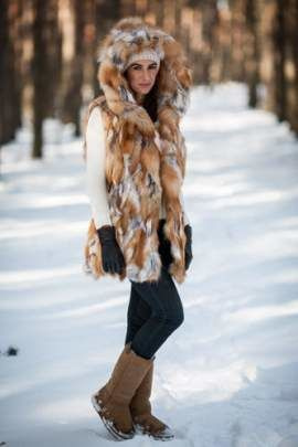 Futrzana kamizelka z kapturem z naturalnego futra lisa rudego