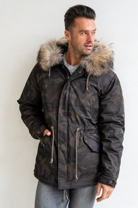 Militarna męska parka bogato obszyta futrem jenota