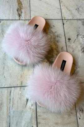 Women's Beige Fur Slides, Sandals with Beige Fox Fur