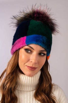 Multi-kolorowa czapka z naturalnego futra norki