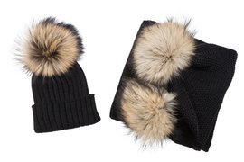 Komplet wełniany szalik oraz czapka z pomponami z futra jenota naturalnego