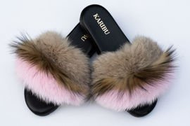 Klapki damskie skórzane z naturalnym futrem z lisa