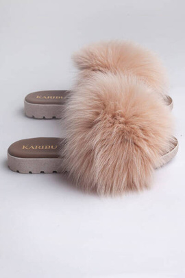 Beżowe lapki skórzane z naturalnym futrem z lisa