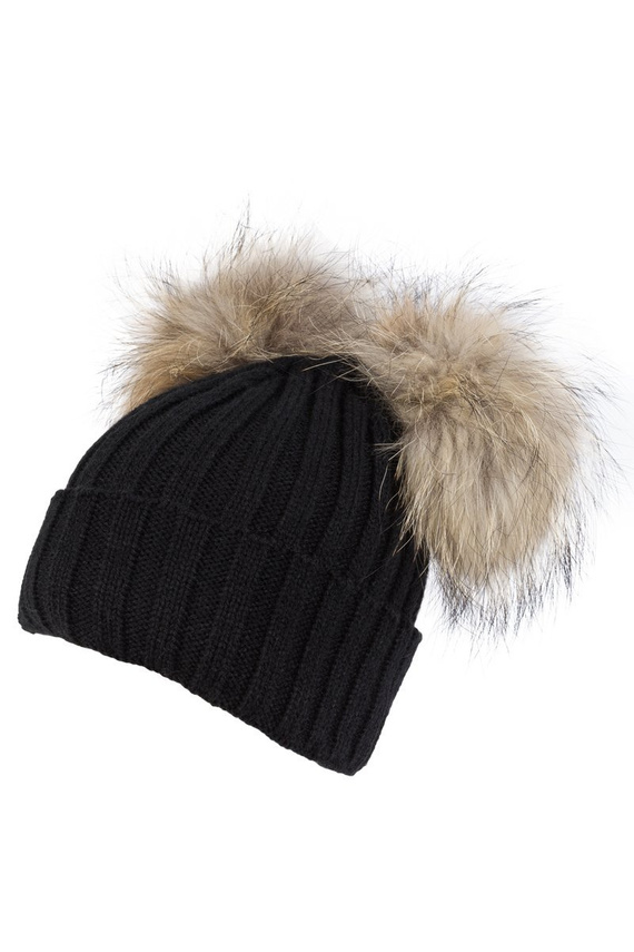 Czapka wełniana z mankietem w kolorze czarnym z dwoma pomponami w rozmiarze XXL  z naturalnego  futra jenota.