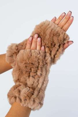 Kamelowe futrzane rękawiczki bez palców