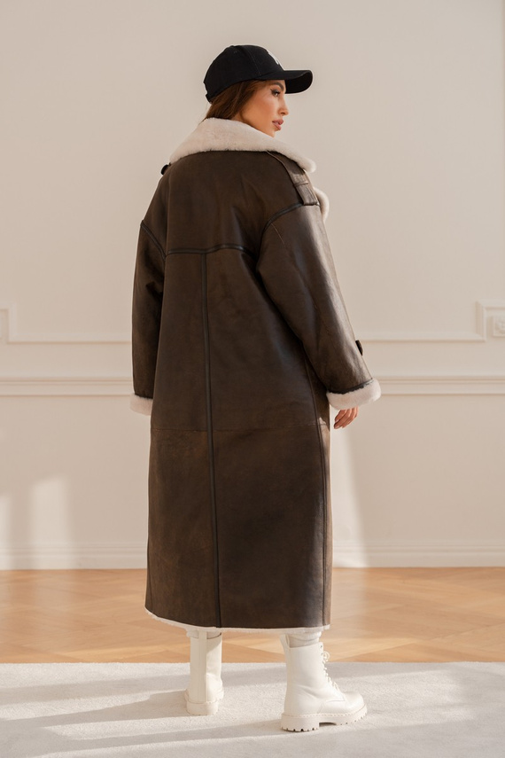 Brązowy oversizowy kożuch merino w stylu vintage