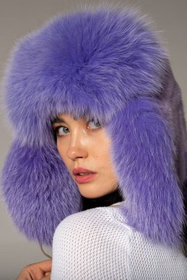 Lawendowa czapka z naturalnego futra norki i lisa