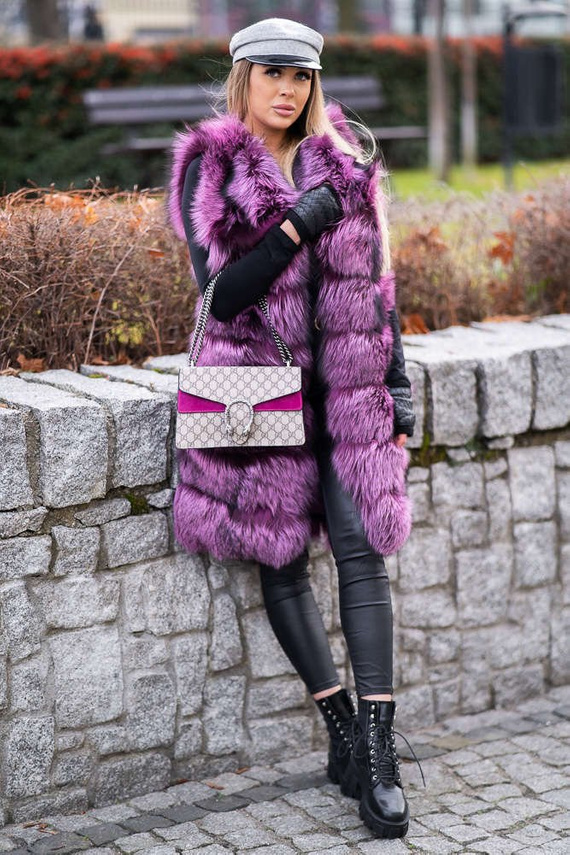 Różowa futrzana kamizelka z naturalnego futra srebrnego