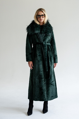 Długi zielony dwustronny kożuch ze skór merynosów