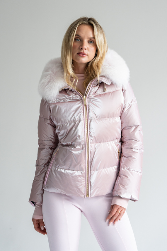 Ekskluzywna włoska kurtka puchowa marki Flo&Clo z futrzanym kapturem 