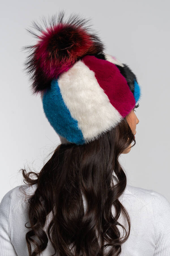 Multi-kolorowa czapka z naturalnego futra norki 