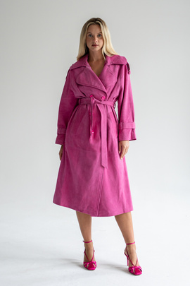 Fuksiowy zamszowy trench z naturalnej skóry