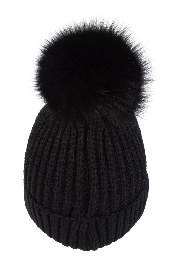 Czapka wełniana w kolorze czarnym z mankietem, z pomponem z naturalnego futra lisa.