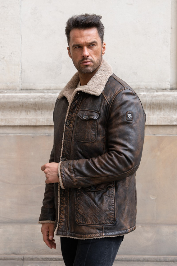Brązowa kurtka męska ocieplana kożuchem