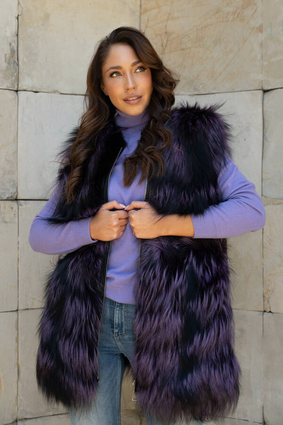 Fioletowo - czarna futrzana kamizelka z naturalnego lisa fińskiego